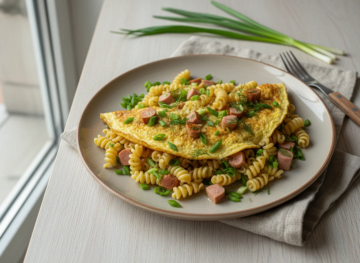 Омлет с макаронами, колбасой и зеленью photo