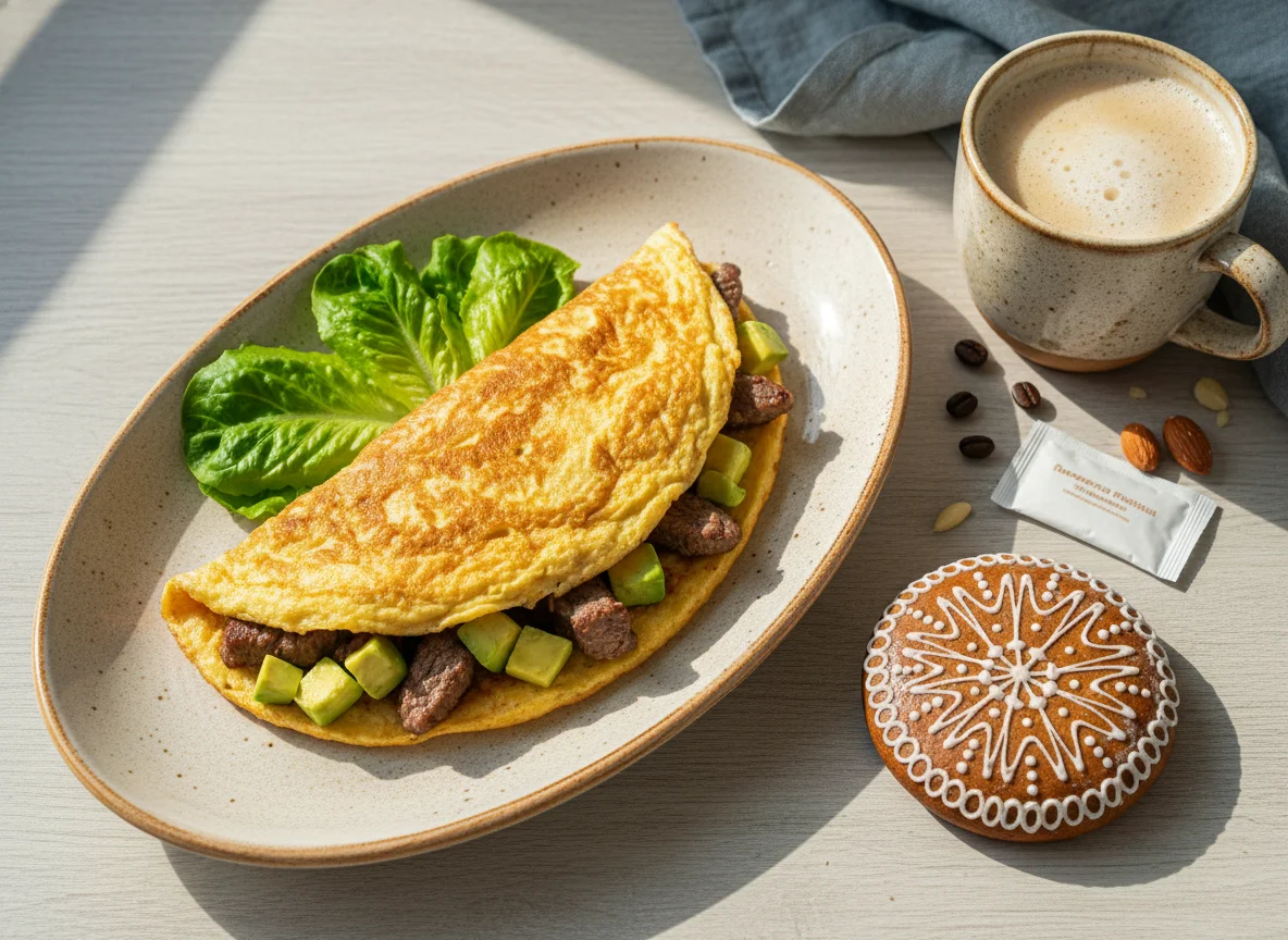 Омлет с мясом и авокадо, пряник и кофе photo