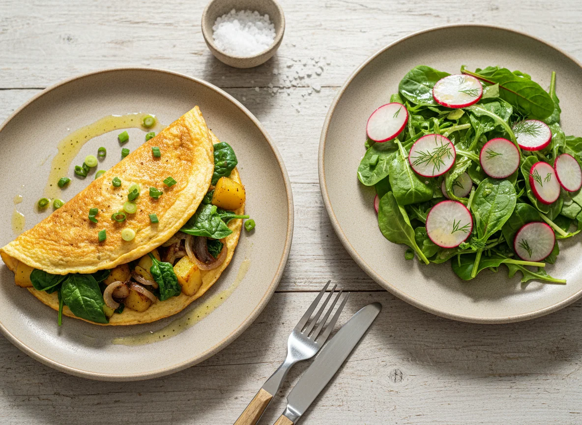 Омлет с овощами и салат с редисом photo