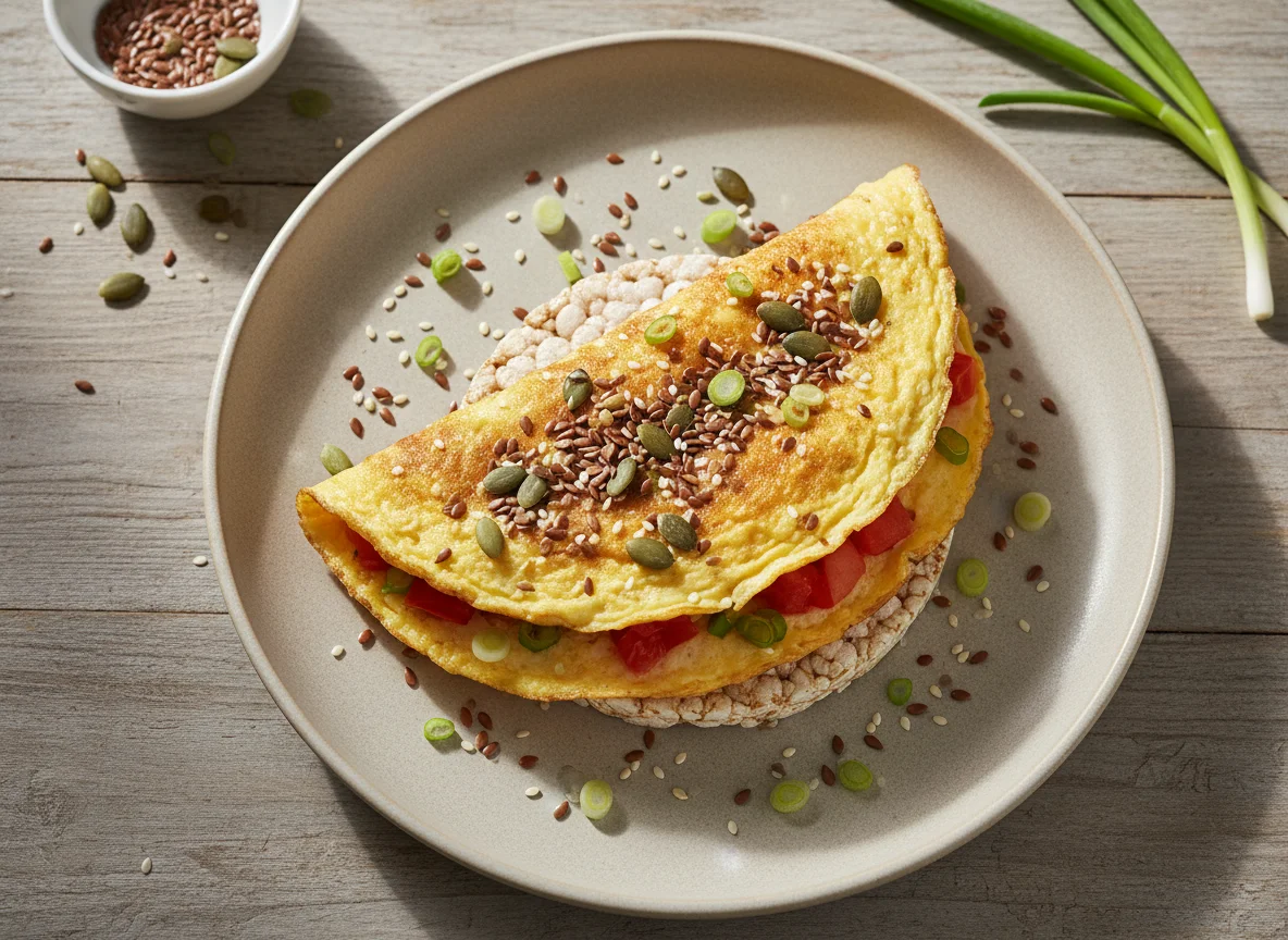 Омлет с овощами и семенами на рисовом хлебце photo