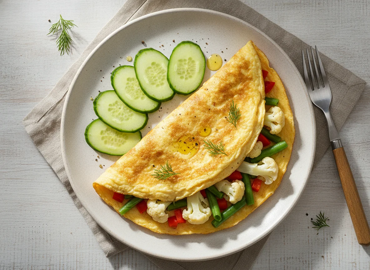 Омлет с овощами и свежим огурцом photo