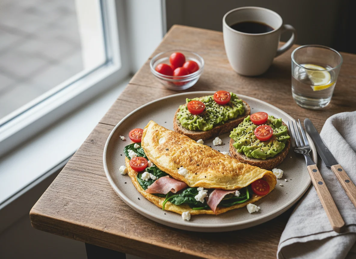 Омлет с овощами и тост с авокадо photo