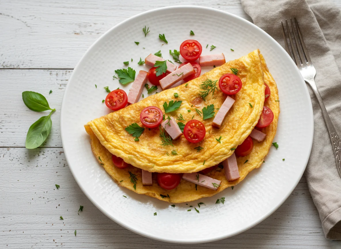 Омлет с помидорами и ветчиной photo