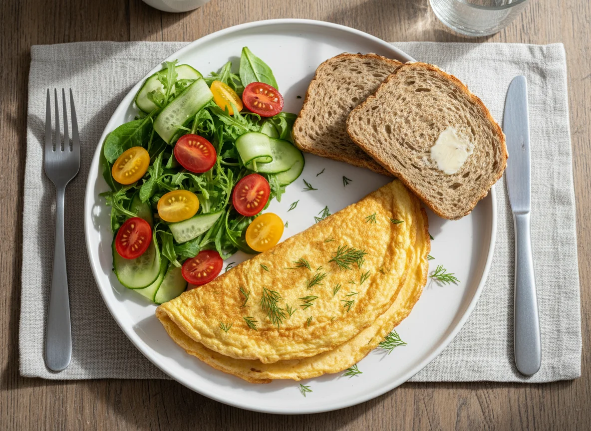 Омлет с салатом и хлебом photo