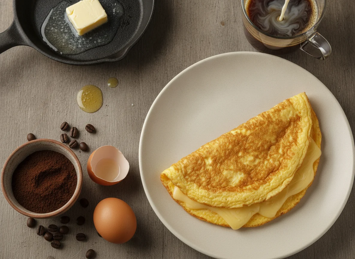 Омлет с сыром и кофе с молоком photo