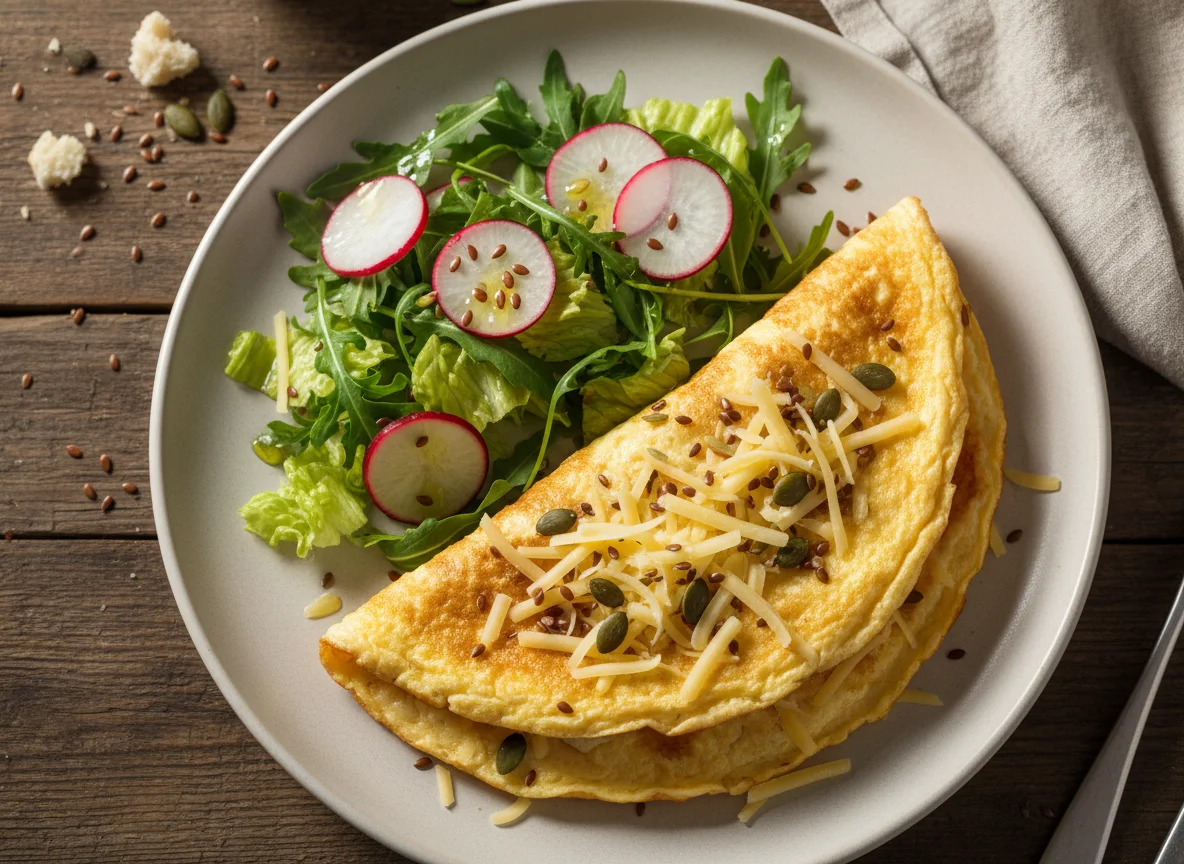 Омлет с сыром и семенами, салат из редиса и зелени photo