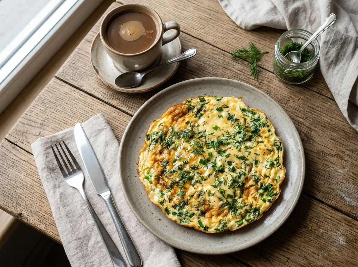 Омлет с сыром и зеленью и кофе с молоком photo