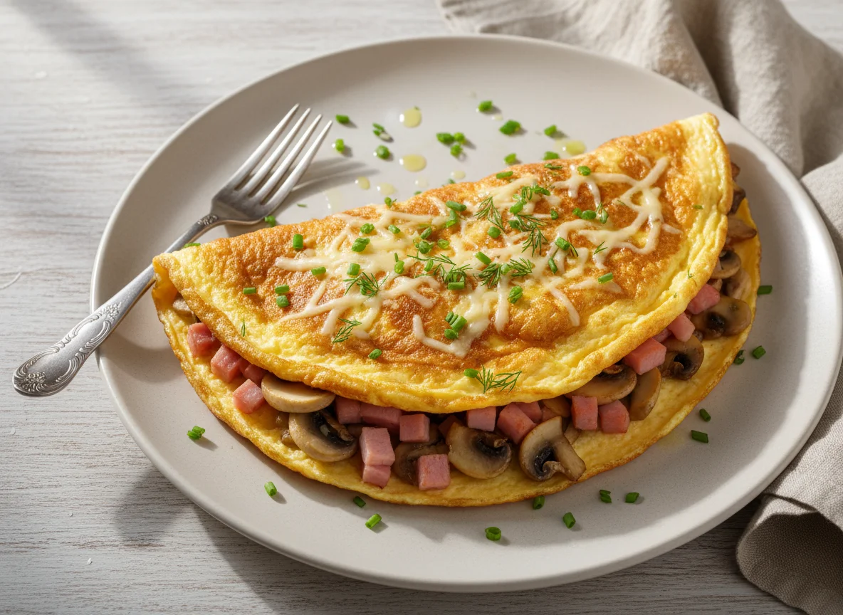 Омлет с ветчиной и грибами photo