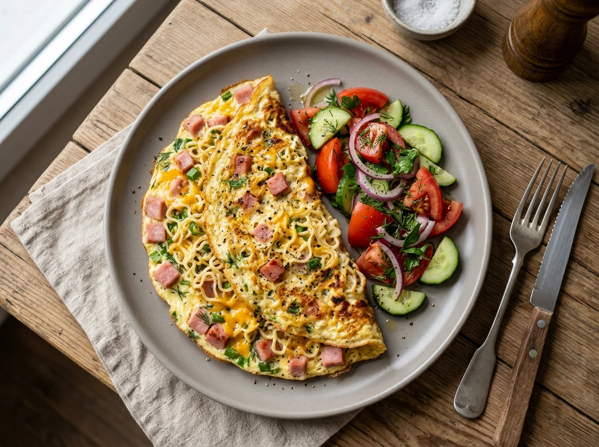 Омлет с ветчиной и овощным салатом photo