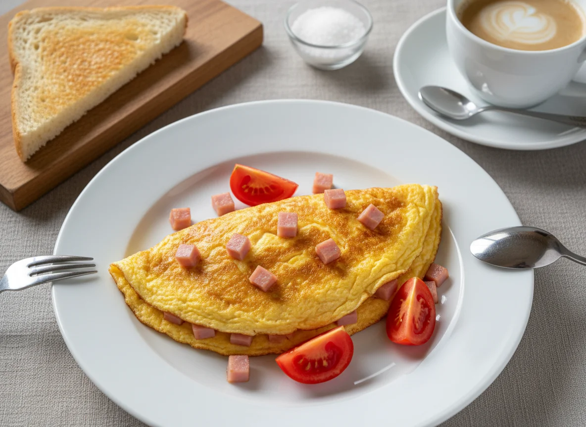 Омлет с ветчиной и помидорами, кофе с молоком и тост photo