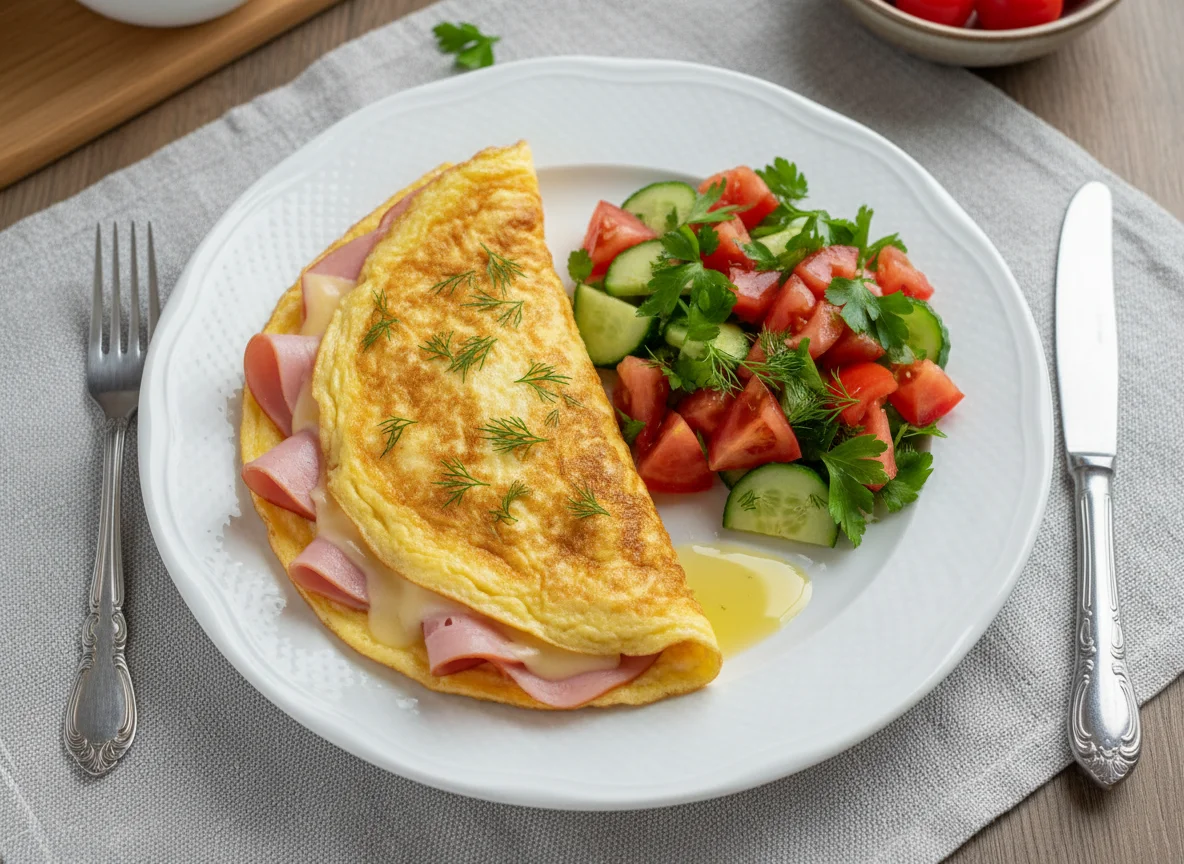 Омлет с ветчиной и сыром и овощной салат photo