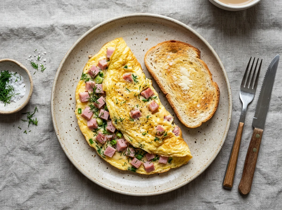 Омлет с ветчиной и тост photo