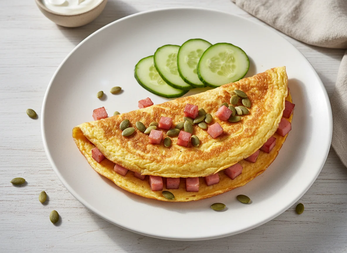 Омлет с ветчиной и тыквенными семечками с огурцом photo