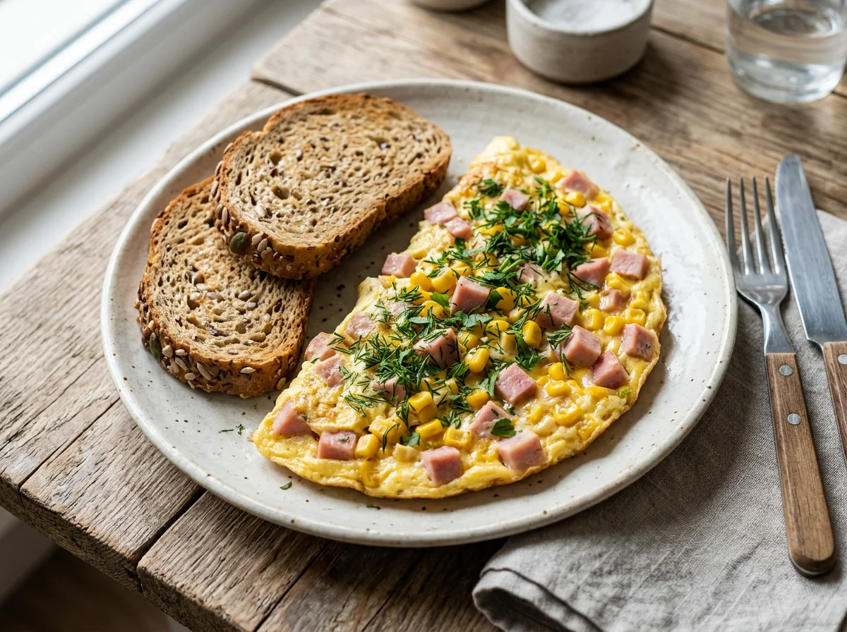 Омлет с ветчиной, кукурузой и хлебом photo