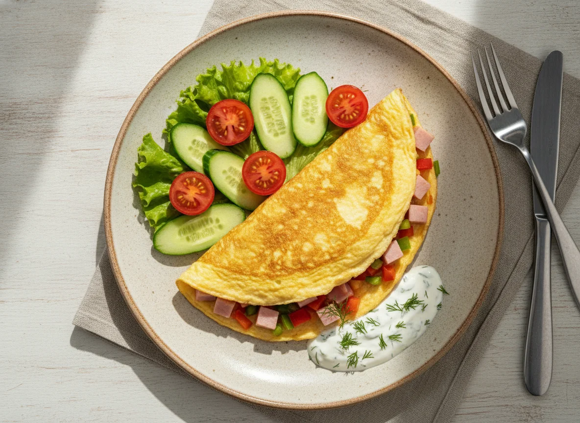 Омлет с ветчиной, овощами и соусом photo