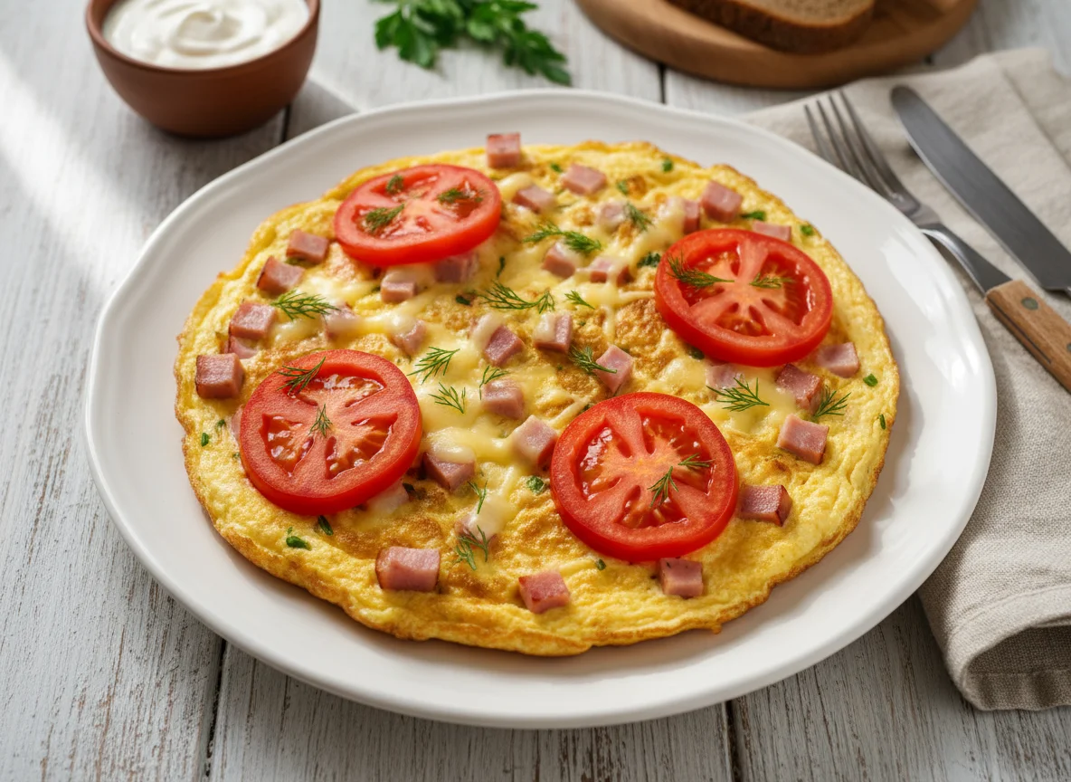 Омлет с ветчиной, сыром и помидорами photo