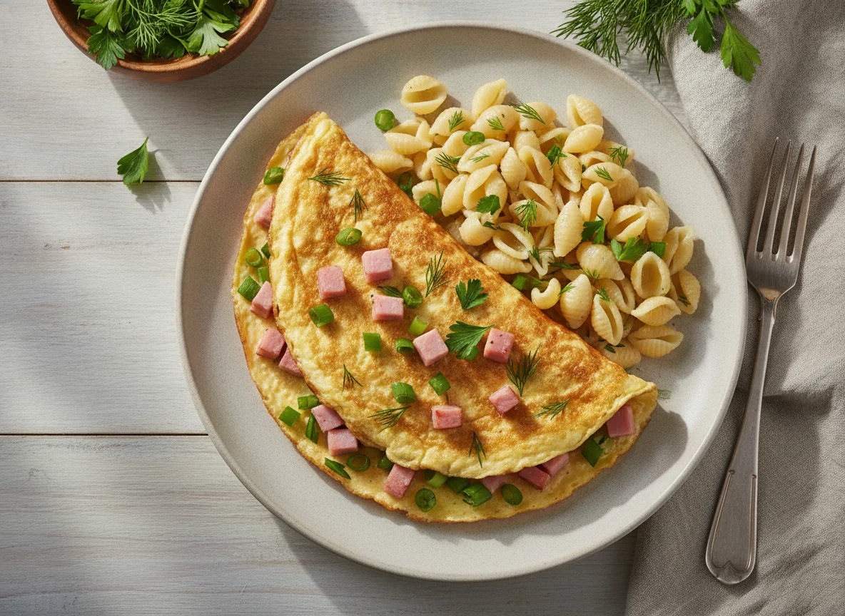 Омлет с зеленью и макаронами photo