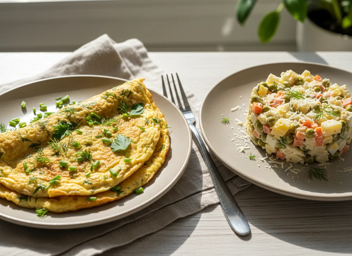 Омлет с зеленью и салат Оливье photo