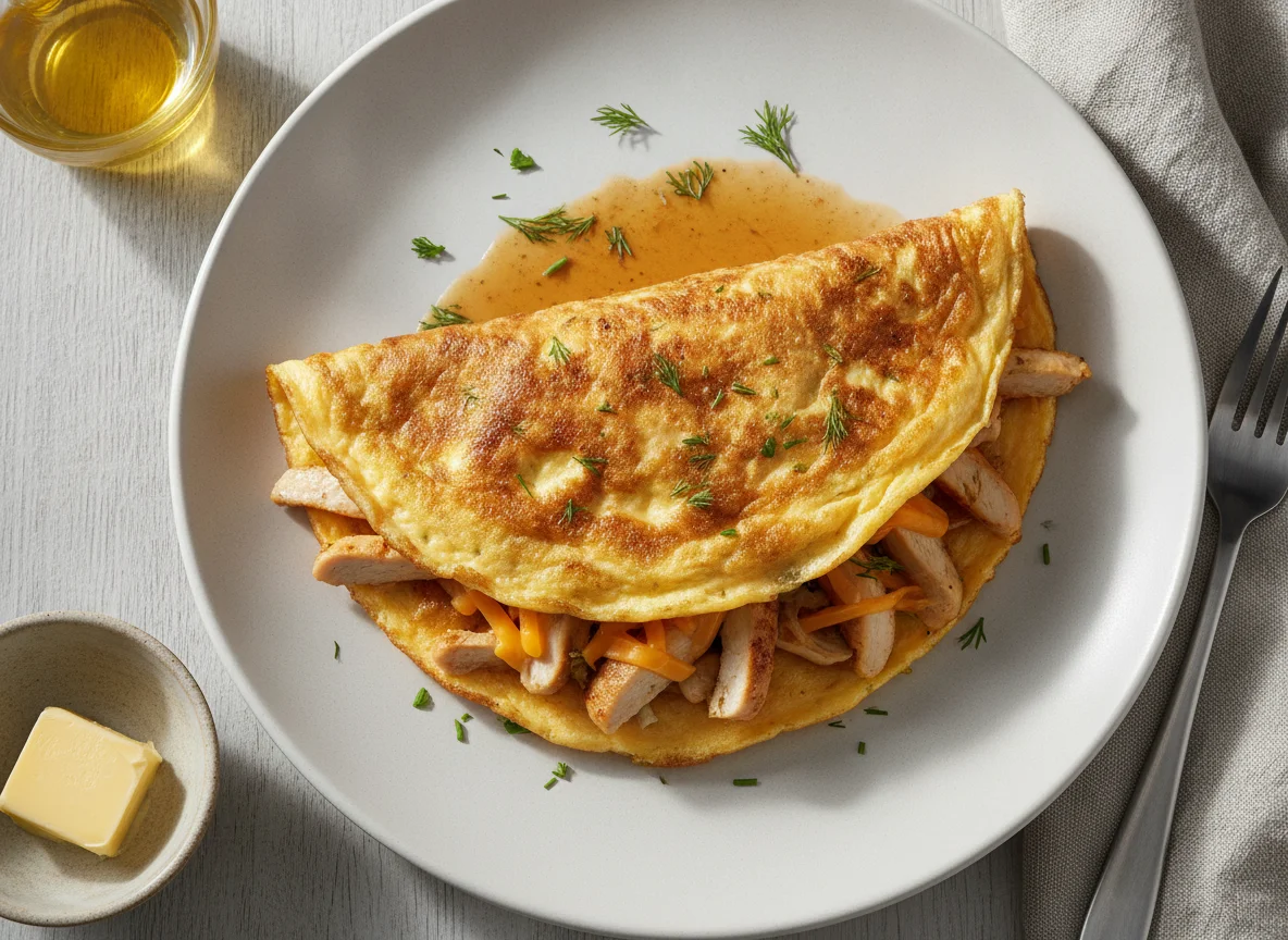 Омлет жаренный с курицей и сыром photo