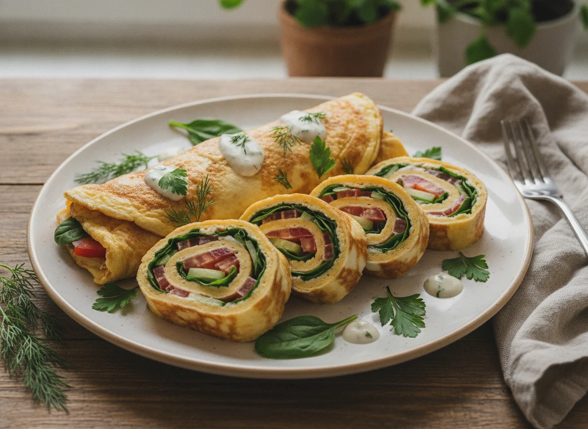 Омлетный ролл с индейкой и овощами photo