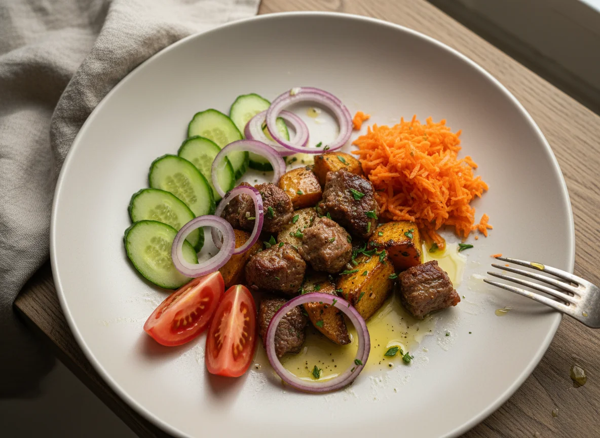 Остатки салата и жареного мяса/овоща photo