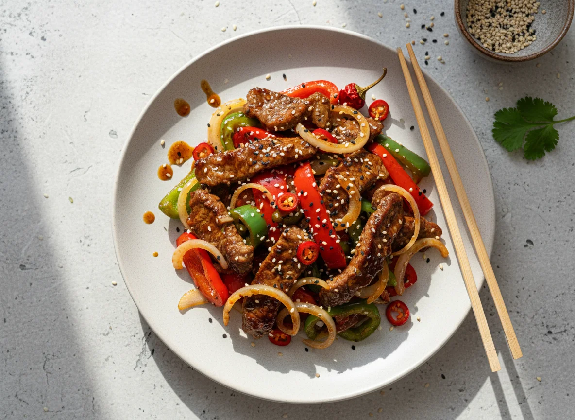 Острая говядина с овощами и кунжутом photo