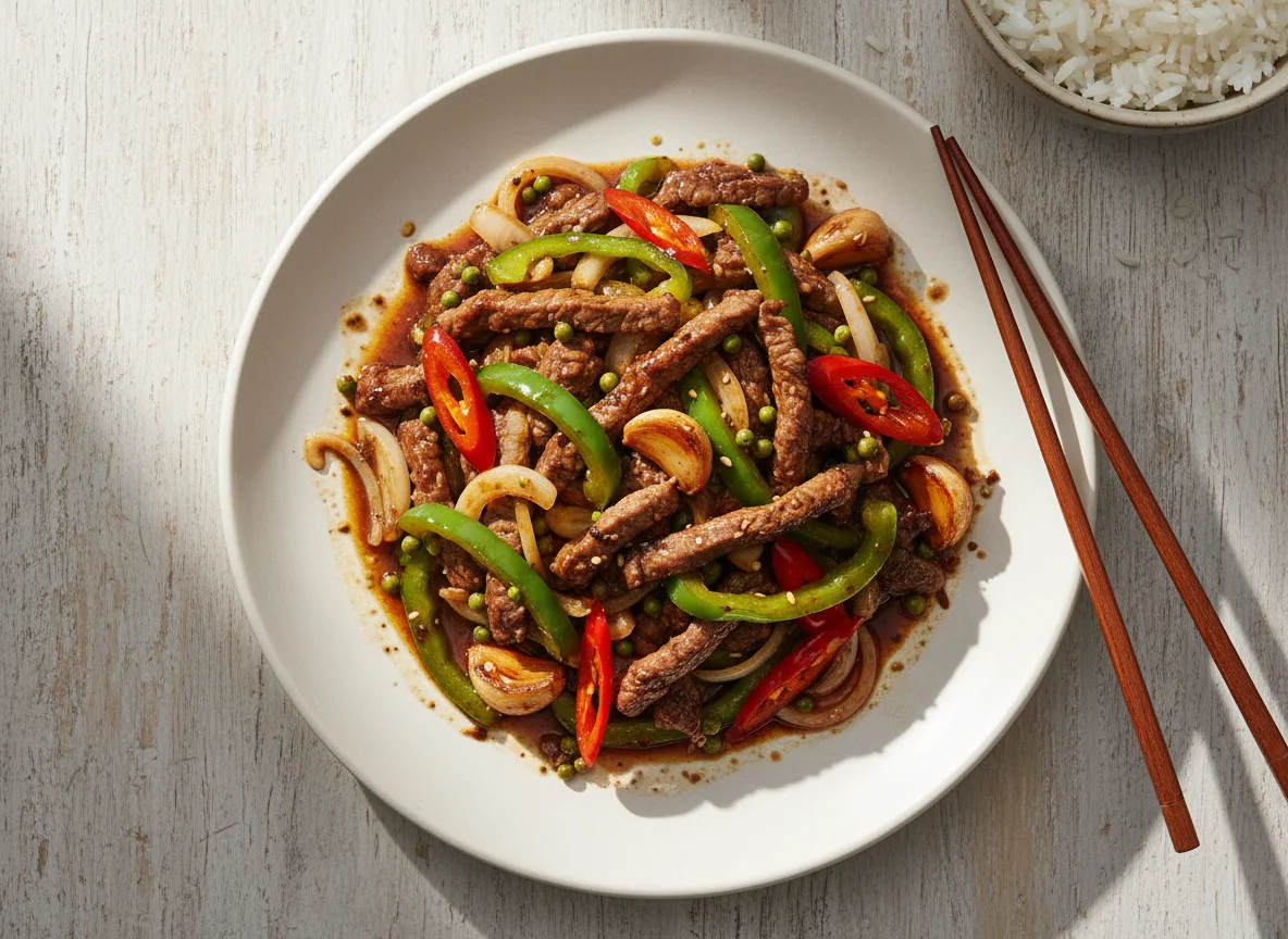 Острая говядина с перцем и овощами photo