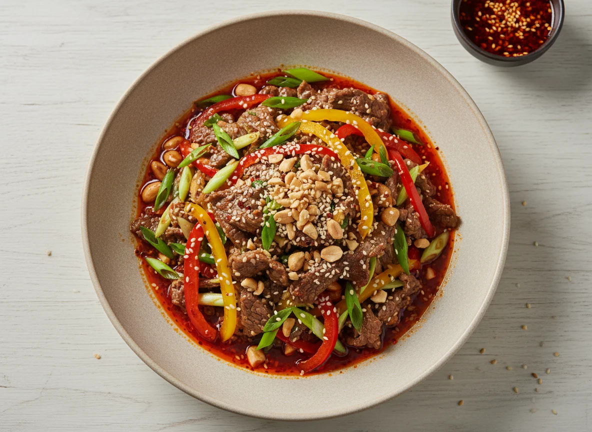 Острый салат с мясом и овощами photo