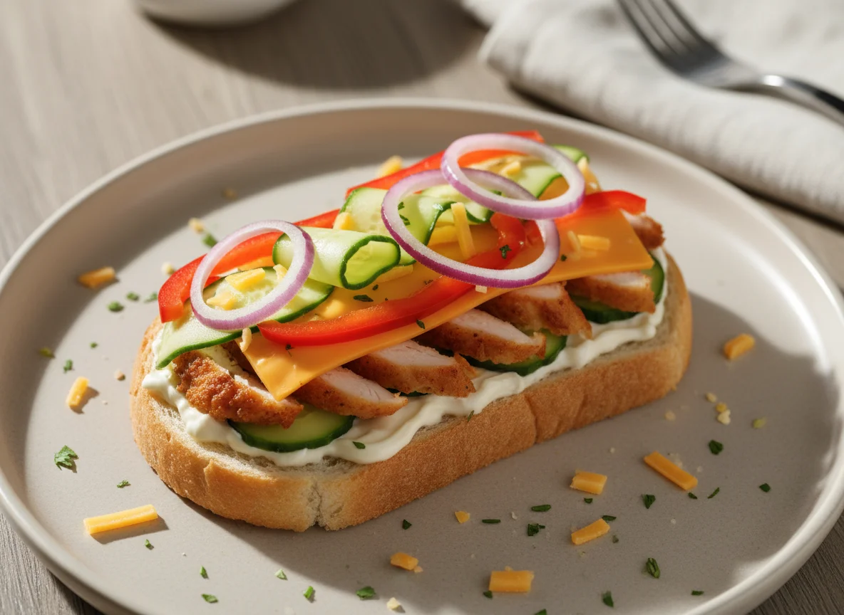 Открытый бутерброд с курицей и овощами photo