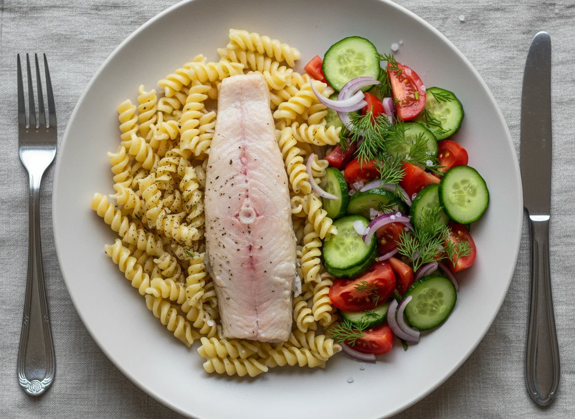 Отварная форель с макаронами и овощным салатом photo