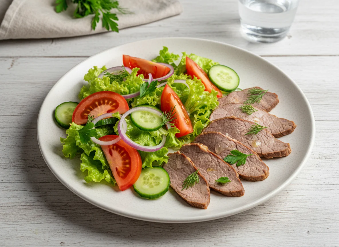 Отварная говядина с овощным салатом photo