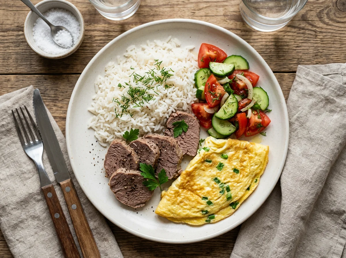 Отварная говядина с рисом, омлетом и овощным салатом photo