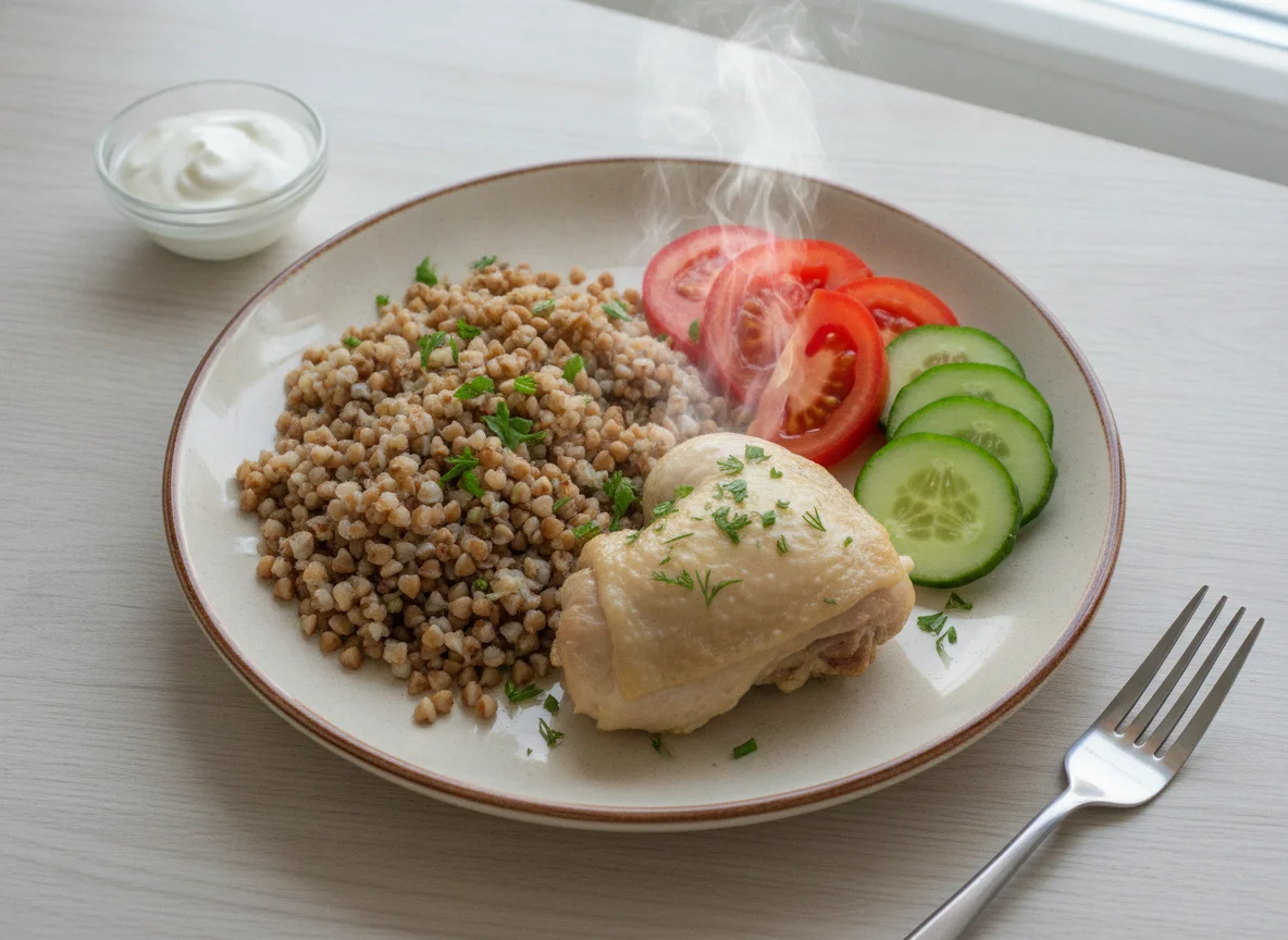 Отварная курица с гречкой и овощами photo