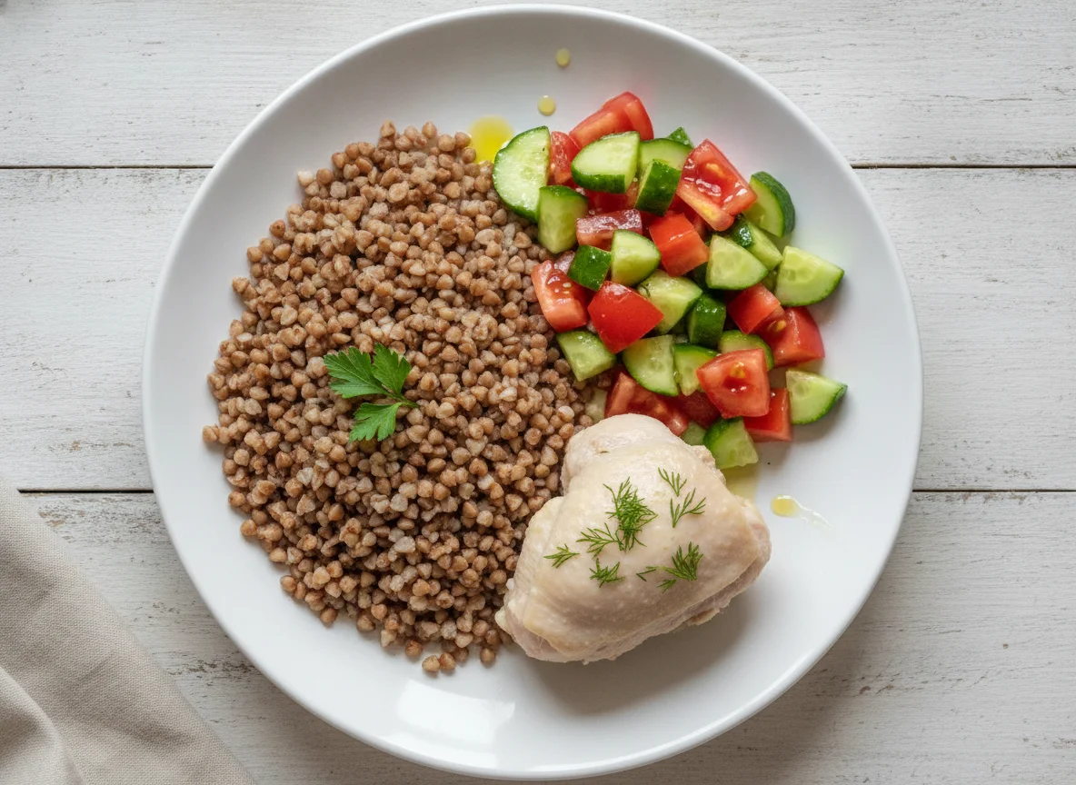 Отварная курица с гречкой и овощным салатом photo