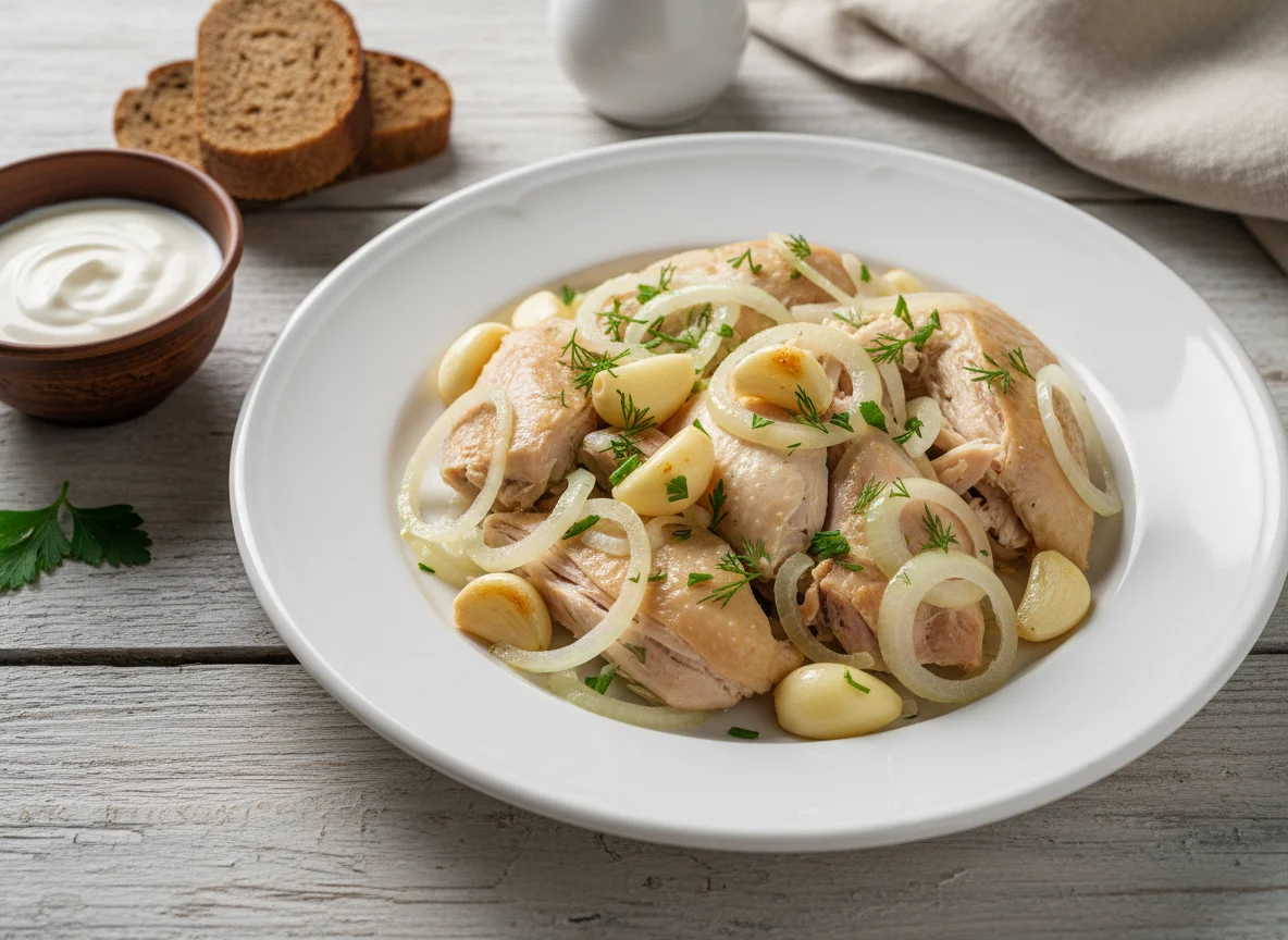 Отварная курица с луком и чесноком photo