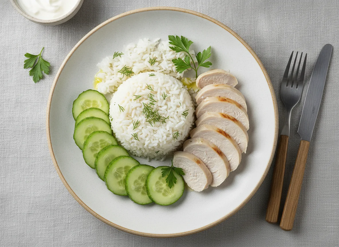 Отварная курица с рисом и огурцом photo