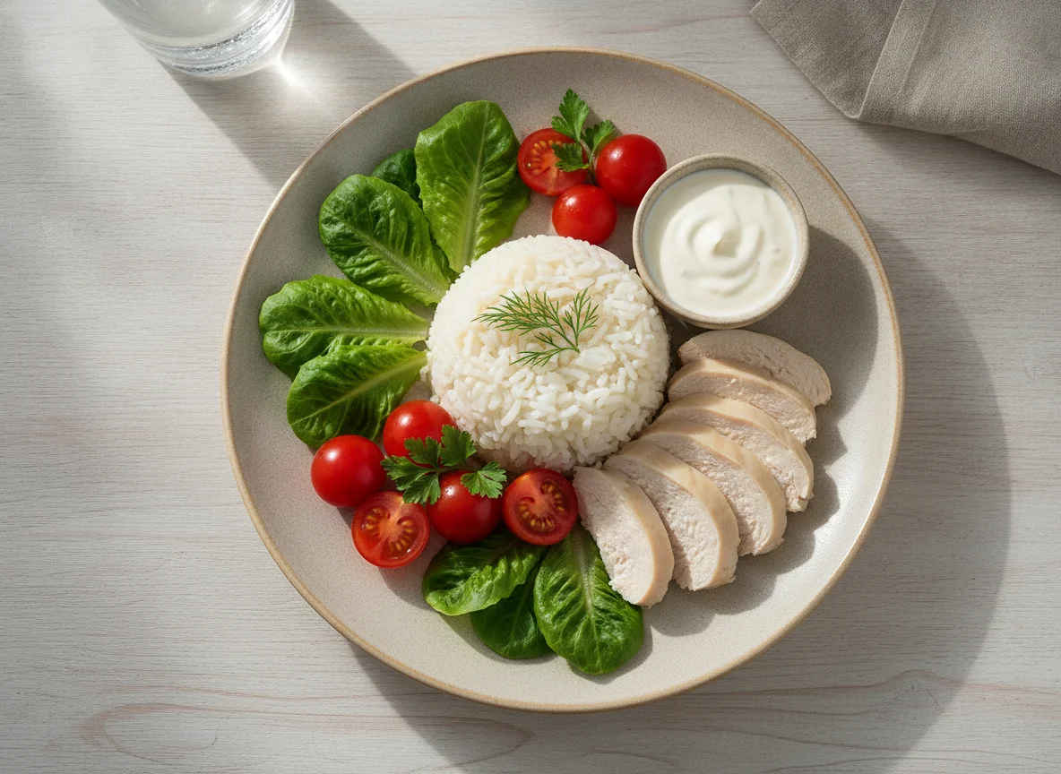 Отварная курица с рисом и свежими овощами photo