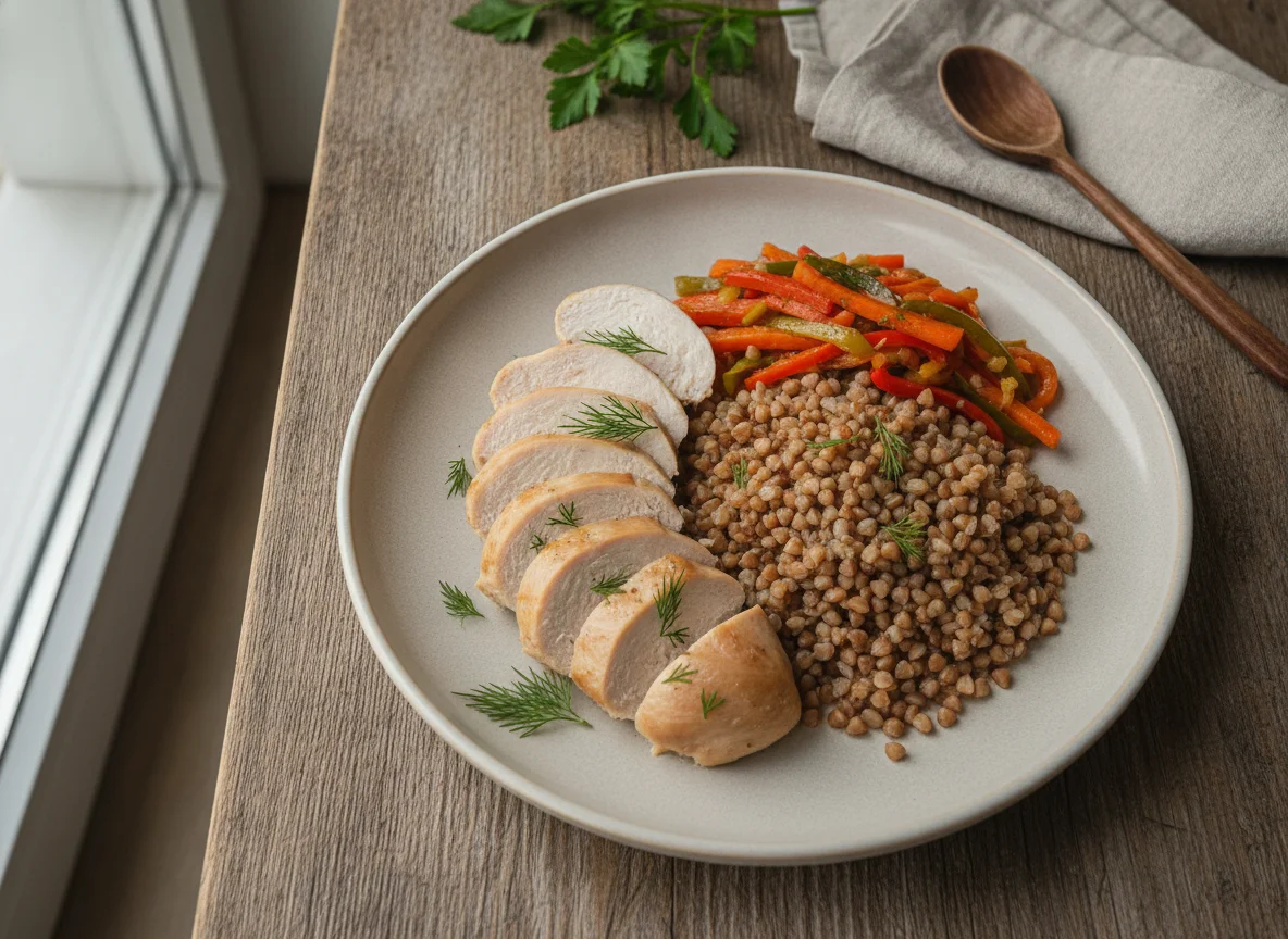 Отварная куриная грудка с гречкой и овощами photo