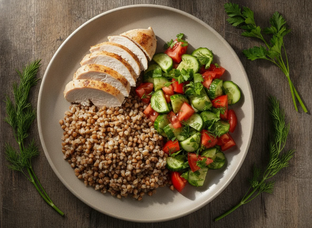 Отварная куриная грудка с гречкой и овощным салатом photo