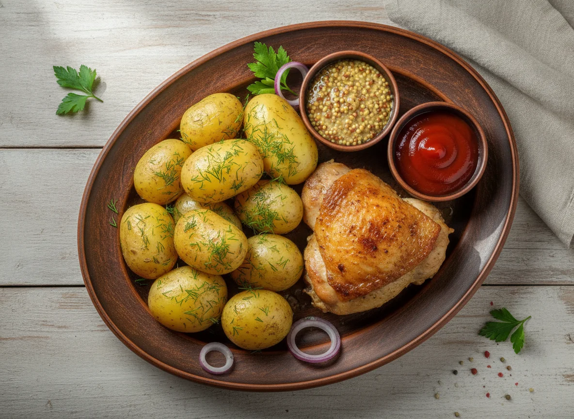 Отварной картофель с курицей и соусом photo