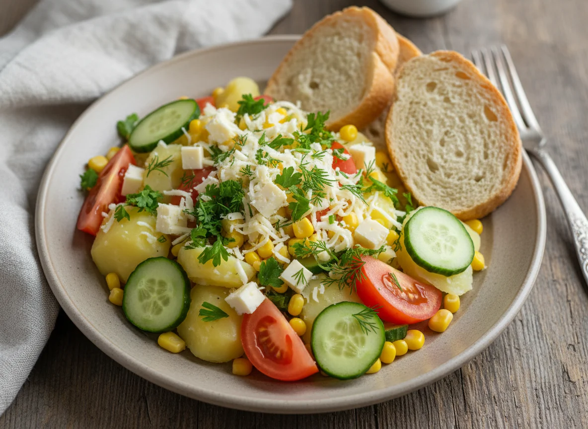 Отварной картофель с овощами, сыром и хлебом photo