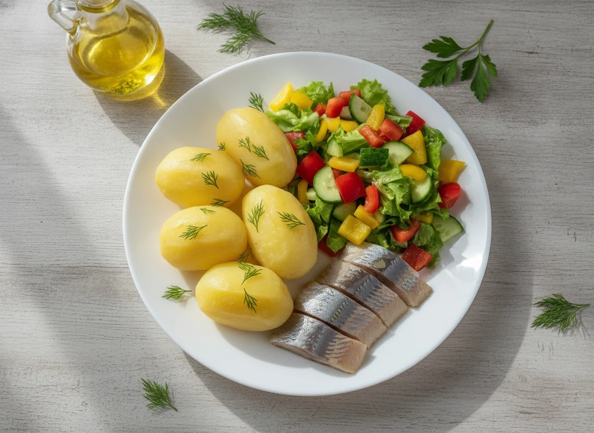 Отварной картофель с сельдью и овощным салатом photo