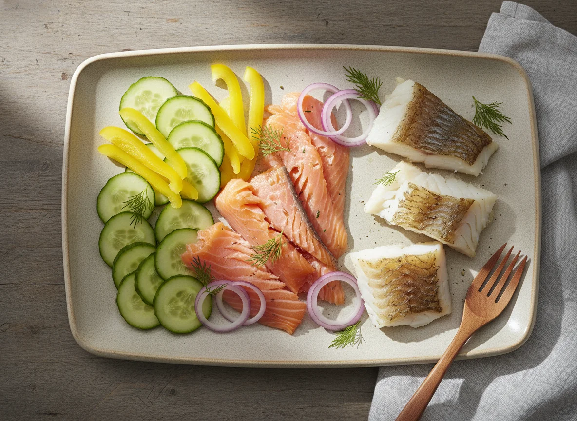 Овощи и копченая рыба photo