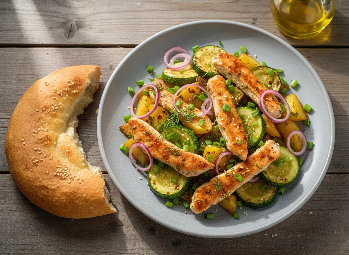 Овощи с курицей и половина лепешки тандырной photo