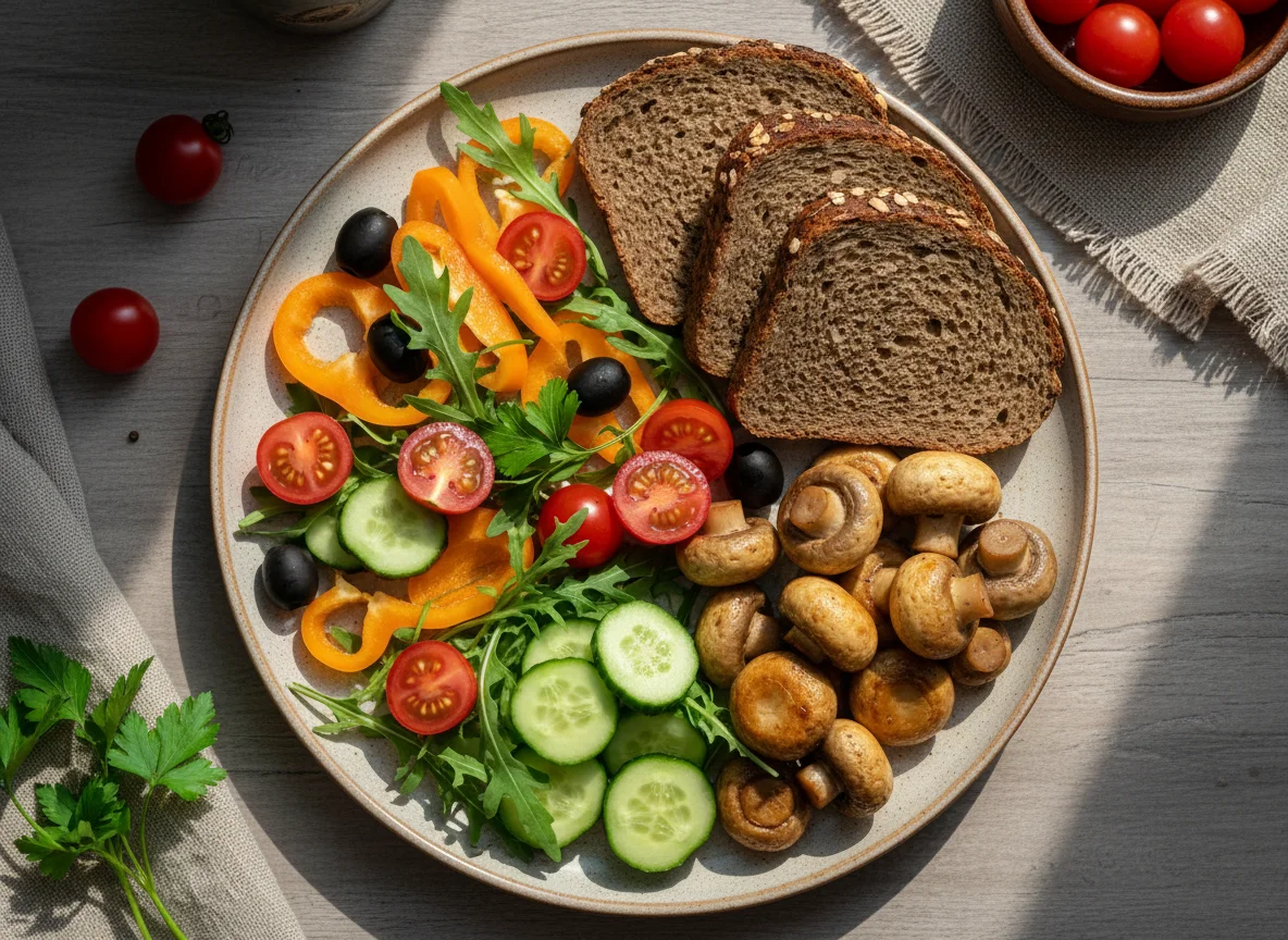 Овощная тарелка с хлебом и грибами photo