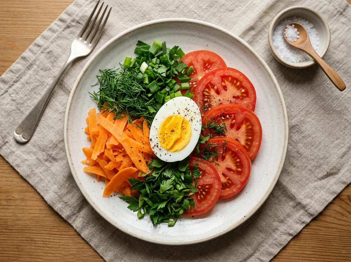 Овощная тарелка с вареным яйцом photo