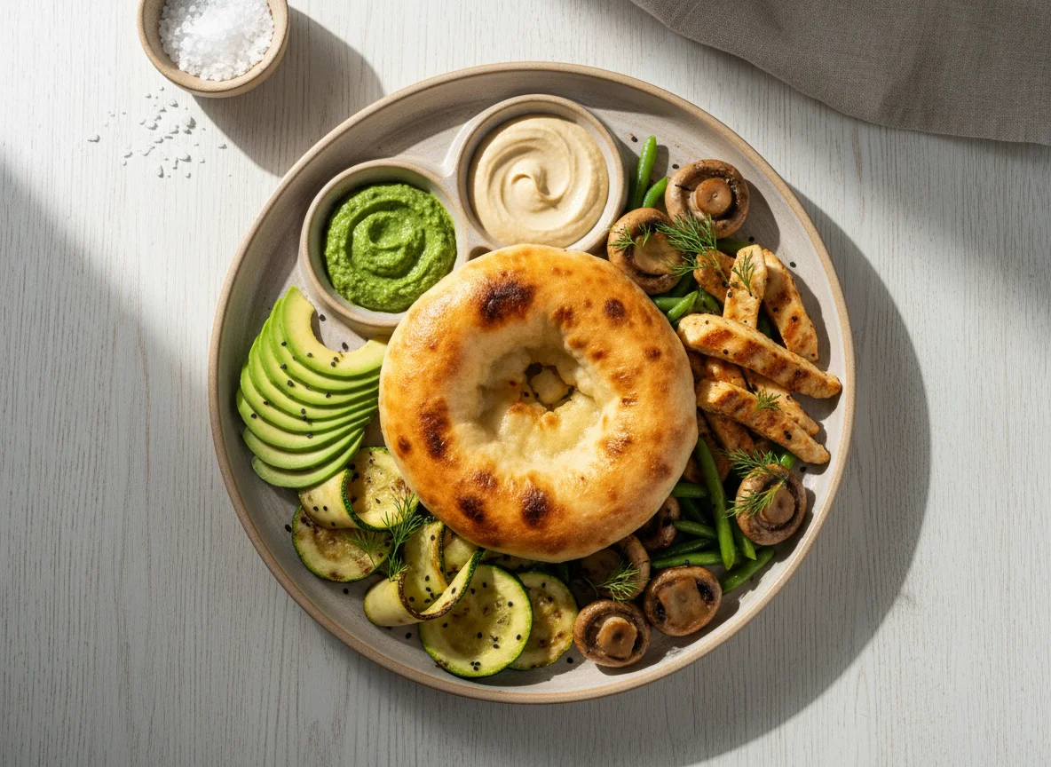 Овощное ассорти с лепешкой и соусами photo