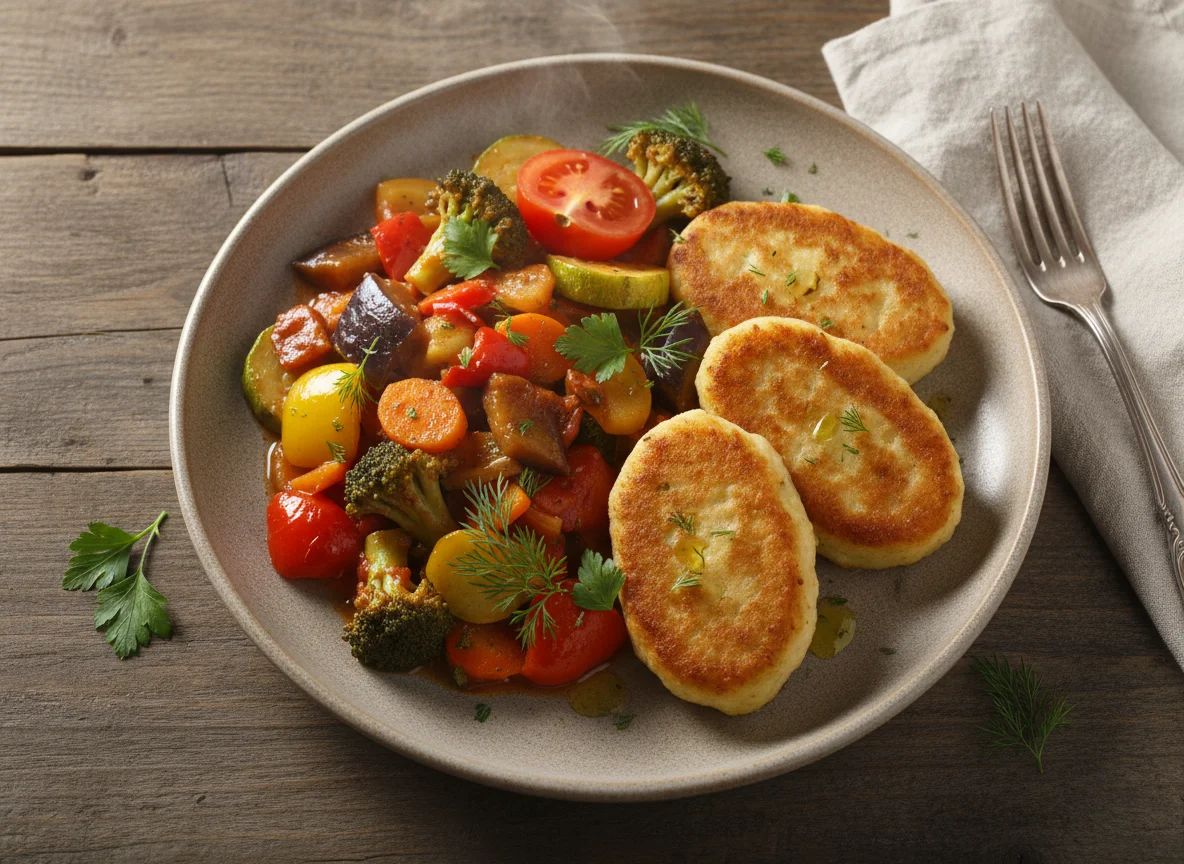 Овощное рагу с брокколи и картофельными зразами photo