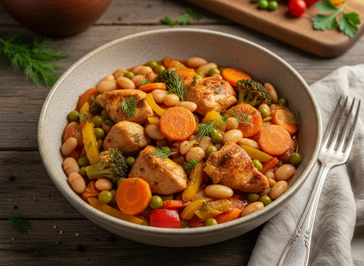 Овощное рагу с курицей и фасолью photo