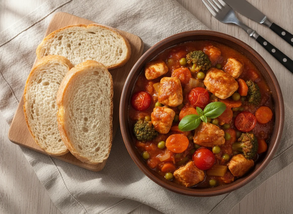 Овощное рагу с курицей и хлебом photo